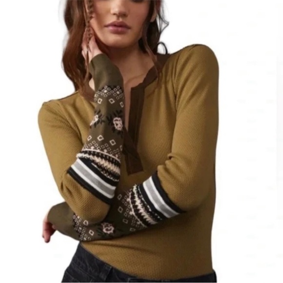 Free People XS We The Free Mikah Thermal Contrast Cuff Waffle Knit Cabincore - Picture 1 of 11